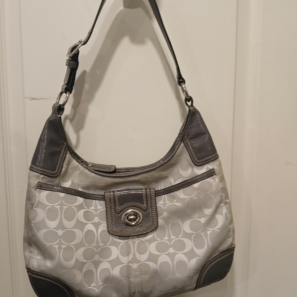 Coach Gray and White Shoulder Bag with Signature Monogram